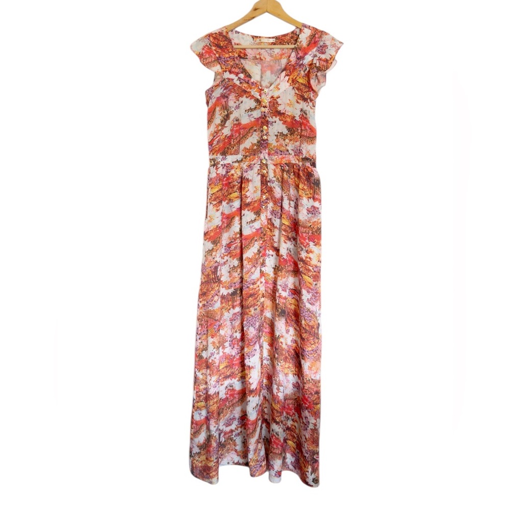 Maria Filo Flutter Sleeves Car Deer Fall Foliage Print Maxi Dress size S/P